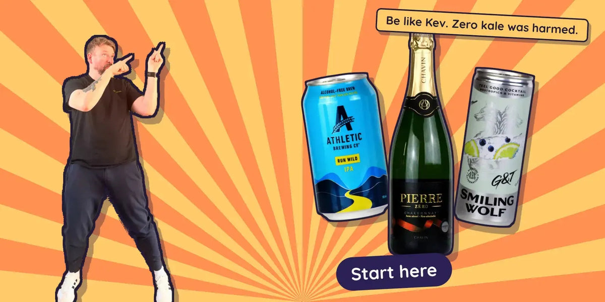 Kev pointing at Athletic Run Wild IPA, Pierre Zéro sparkling Chardonnay and Smiling Wolf G&T, where to start with Dry January