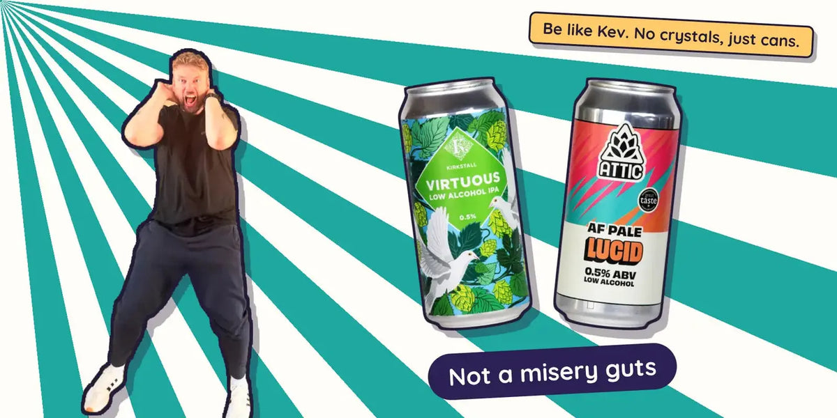 Kev screaming in mock horror beside Kirkstall Virtuous and Attic Brew Co Lucid alcohol free beers, Dry January without the misery