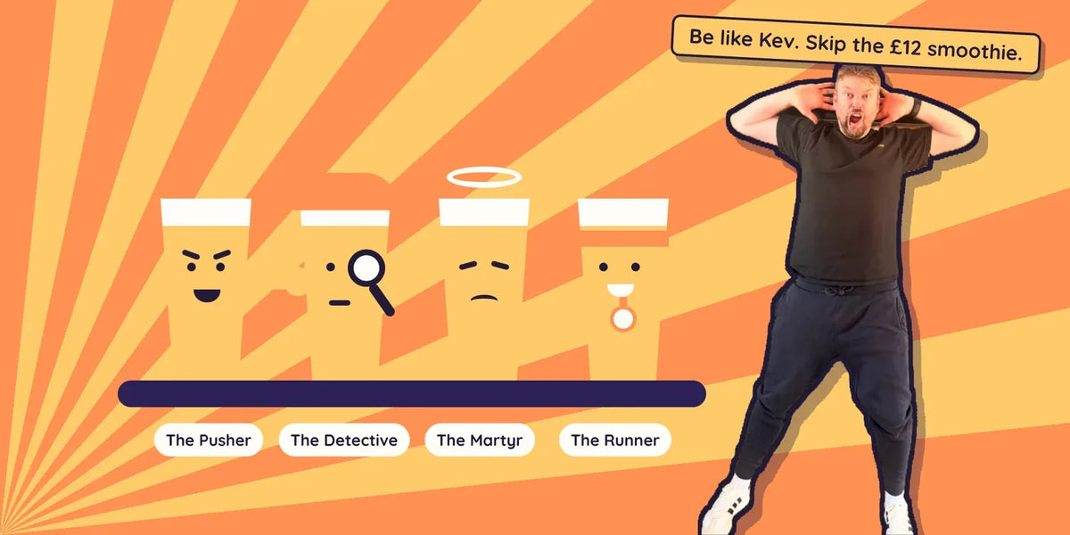 Kev with four cartoon pints, the Pusher, the Detective, the Martyr and the Runner: the mates you meet in Sober October