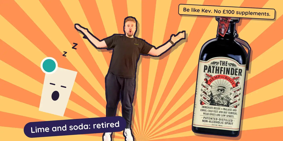 Kev shrugging beside a bored lime and soda and a bottle of Pathfinder alcohol free hemp spirit