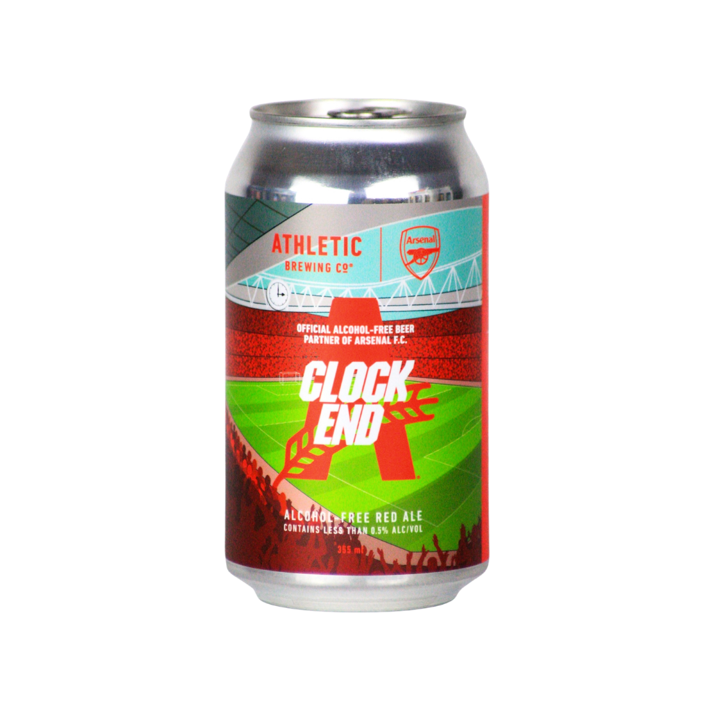 Athletic Clock End alcohol free red ale can, the official alcohol-free beer partner of Arsenal FC
