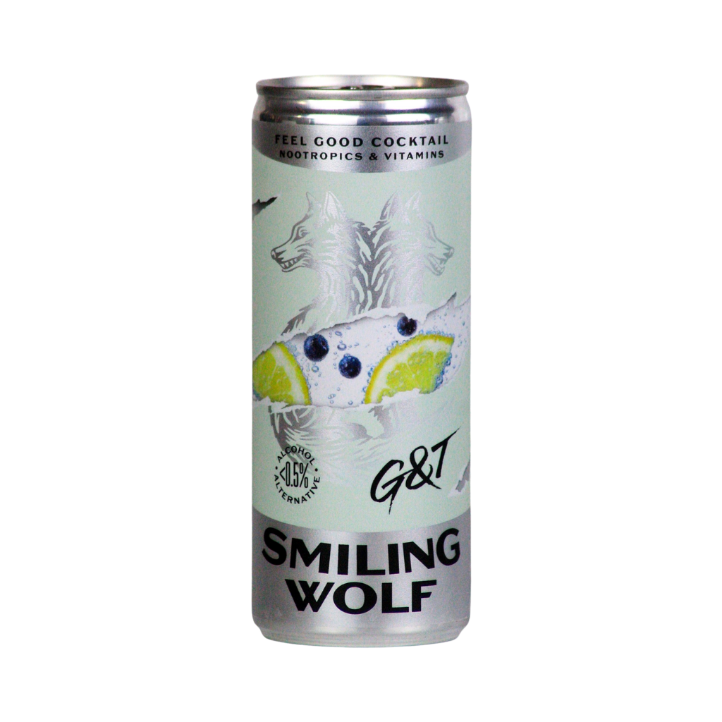 Smiling Wolf G&T alcohol free cocktail in a 250ml can