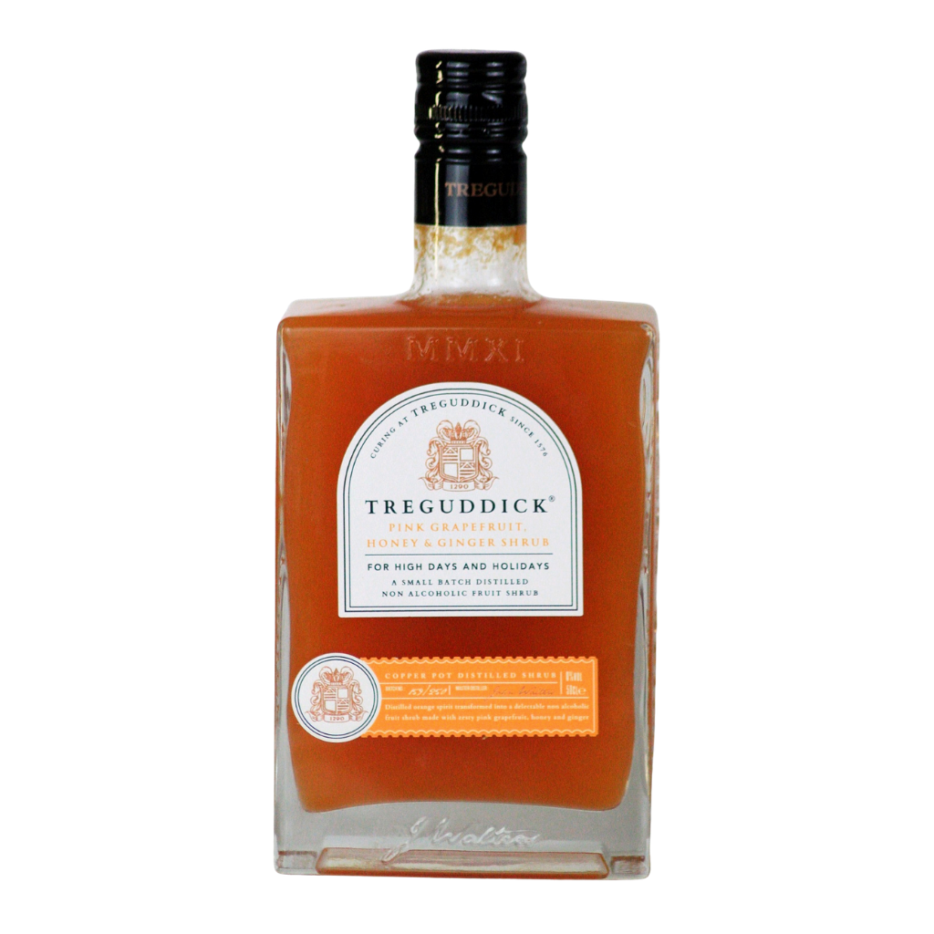 Treguddick Pink Grapefruit, Honey & Ginger alcohol free shrub in a glass bottle