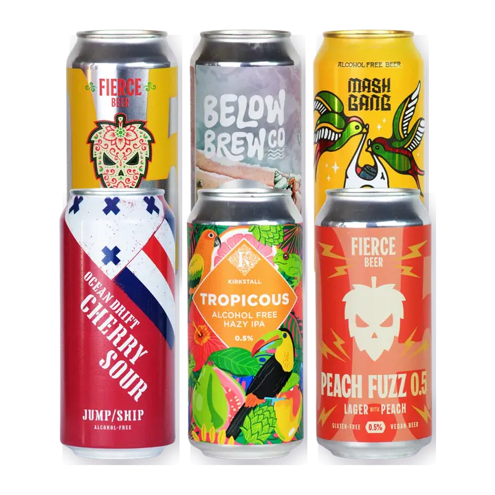 Mixed alcohol free fruit beer bundle, with cans such as Jump Ship Ocean Drift, Kirkstall Tropicous, Fierce Beer Peach Fuzz and Mash Gang Journey Juice