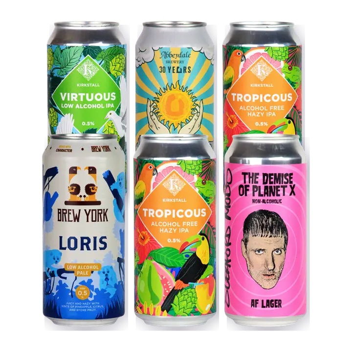Yorkshire alcohol free beer cans: Kirkstall Virtuous and Tropicous, Abbeydale Reverence, Brew York Loris and Ilkley Brewery lager