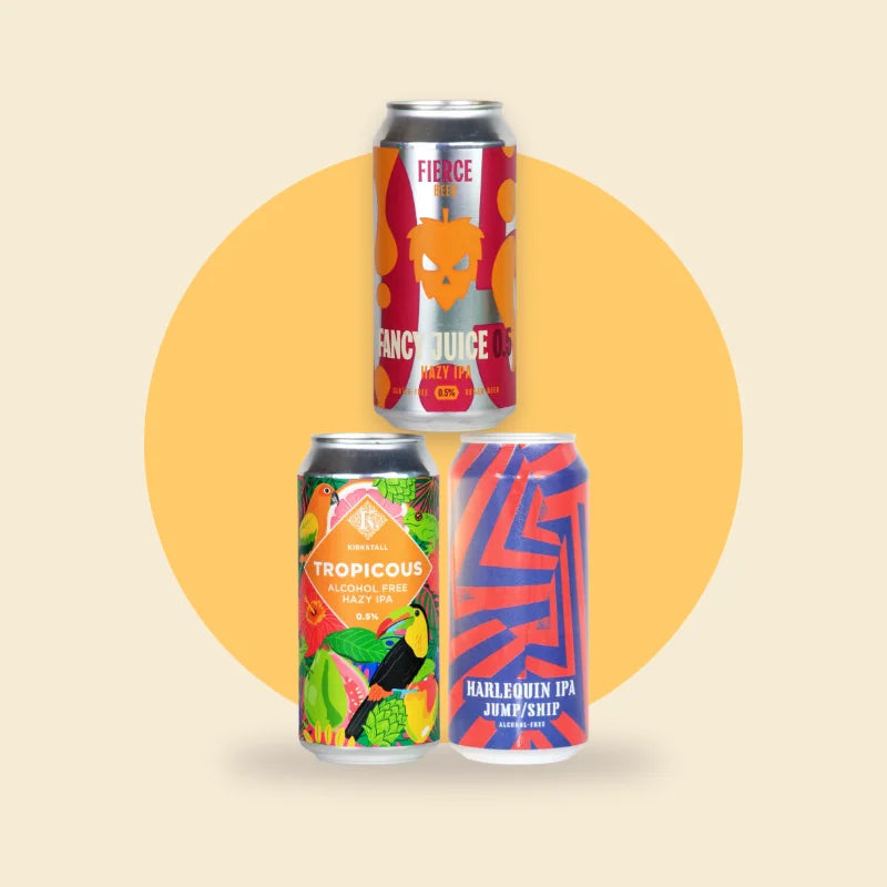 Alcohol free beer: Fierce Beer Fancy Juice, Kirkstall Tropicous and Jump Ship Harlequin IPA cans