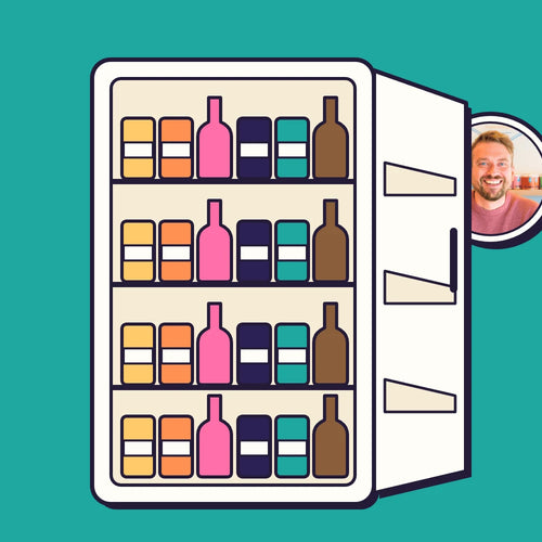 The taproom fridge stocked with alcohol-free beer, wine and spirits, with Kev peeking round the door
