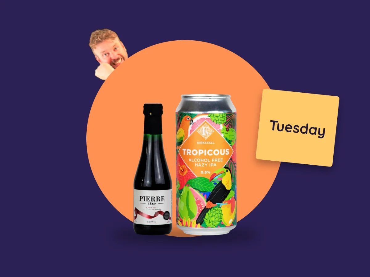 A weeknight swap: Pierre Zéro Merlot 20cl and Kirkstall Tropicous alcohol free hazy IPA for a Tuesday night, with Kev peeking in