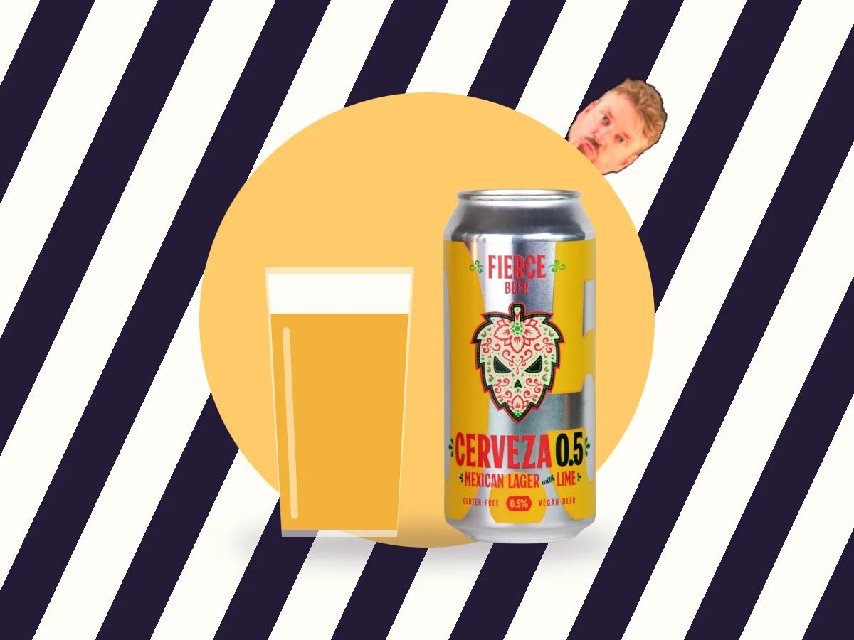 Zebra striping: a pint of lager next to Fierce Beer Cerveza alcohol free Mexican lager on black and white stripes, with Kev peeking in