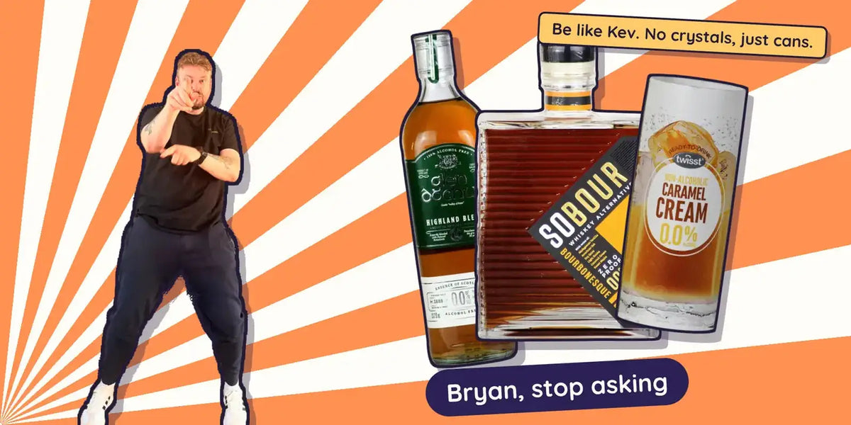 Kev pointing beside Glen Dochus Highland, Sobour Bourbonesque and Twisst Caramel Cream, alcohol free Christmas gifts