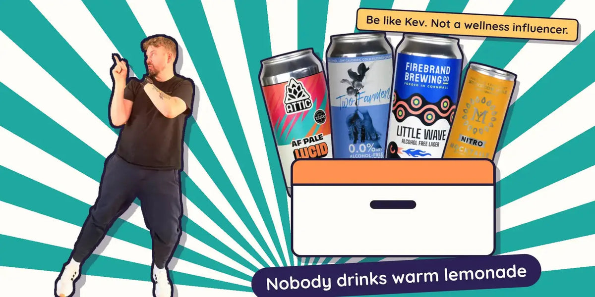 Kev next to a BBQ cool box packed with Attic Lucid, Two Farmers cider, Firebrand Little Wave and a Mocktails Mockscow Mule
