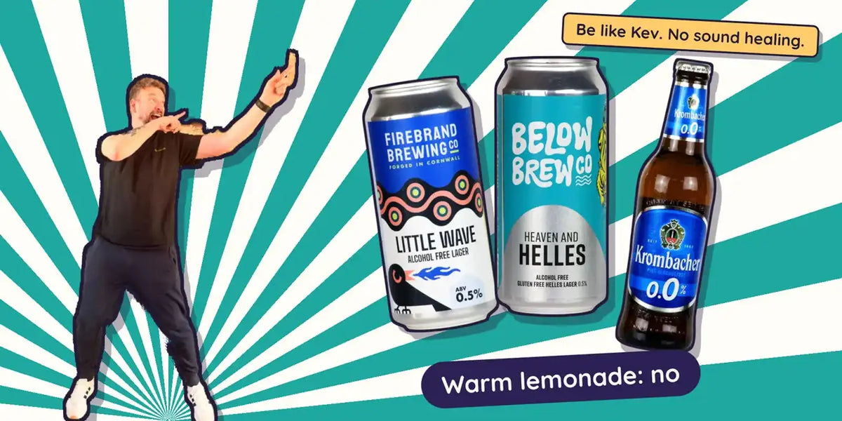 Kev pointing at Firebrand Little Wave, Below Brew Heaven and Helles and Krombacher Pils 0.0%, alcohol free lagers for zebra striping