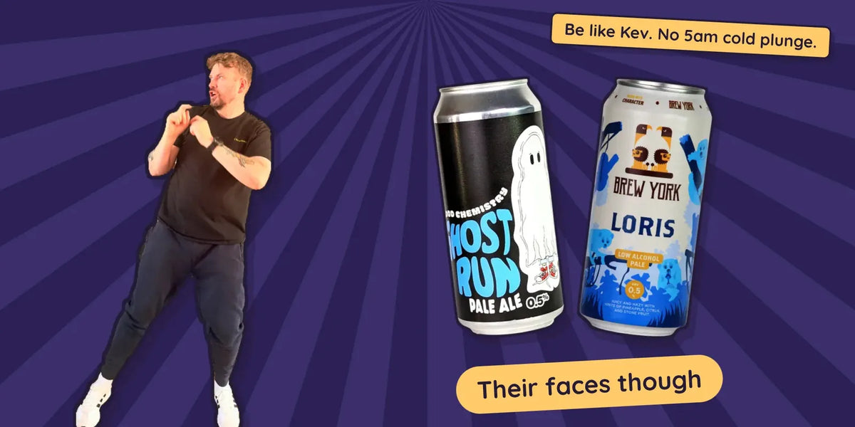 Kev acting out his mates' reactions next to Good Chemistry Ghost Run and Brew York Loris alcohol free pale ales