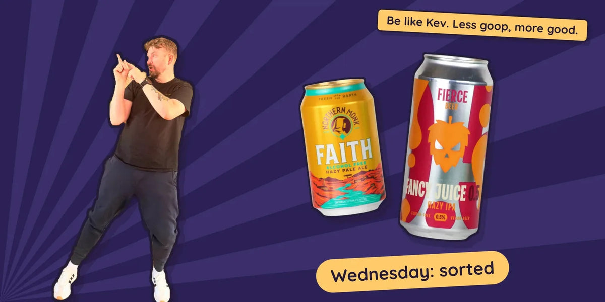 Kev pointing at Northern Monk Faith and Fierce Beer Fancy Juice alcohol free beers for a midweek swap
