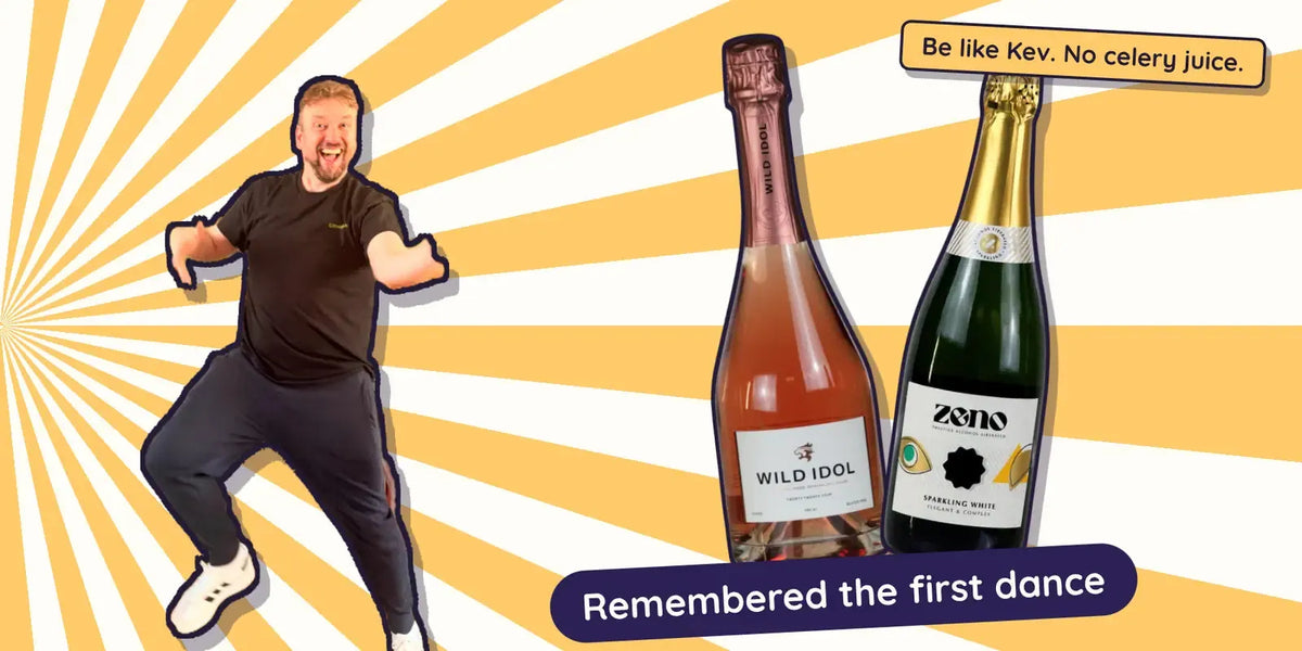 Kev dancing next to Wild Idol alcohol free sparkling rosé and ZENO sparkling white, zebra striping at a wedding