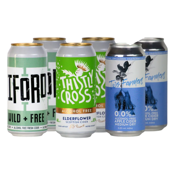 Mixed alcohol free cider bundle of six 440ml cans, such as Iford Wild + Free, Thistly Cross Elderflower and Two Farmers apple cider