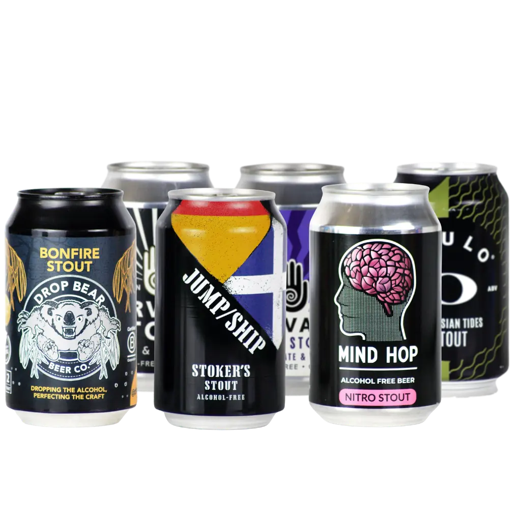 Mixed alcohol free stout bundle of six cans, such as Drop Bear Bonfire Stout, Jump Ship Stoker's and Mind Hop nitro stout