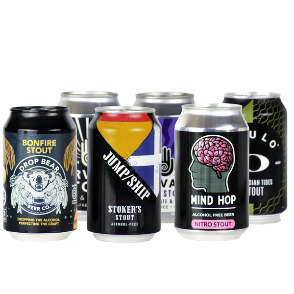 Mixed alcohol free stout bundle of six cans, such as Drop Bear Bonfire Stout, Jump Ship Stoker's and Mind Hop nitro stout