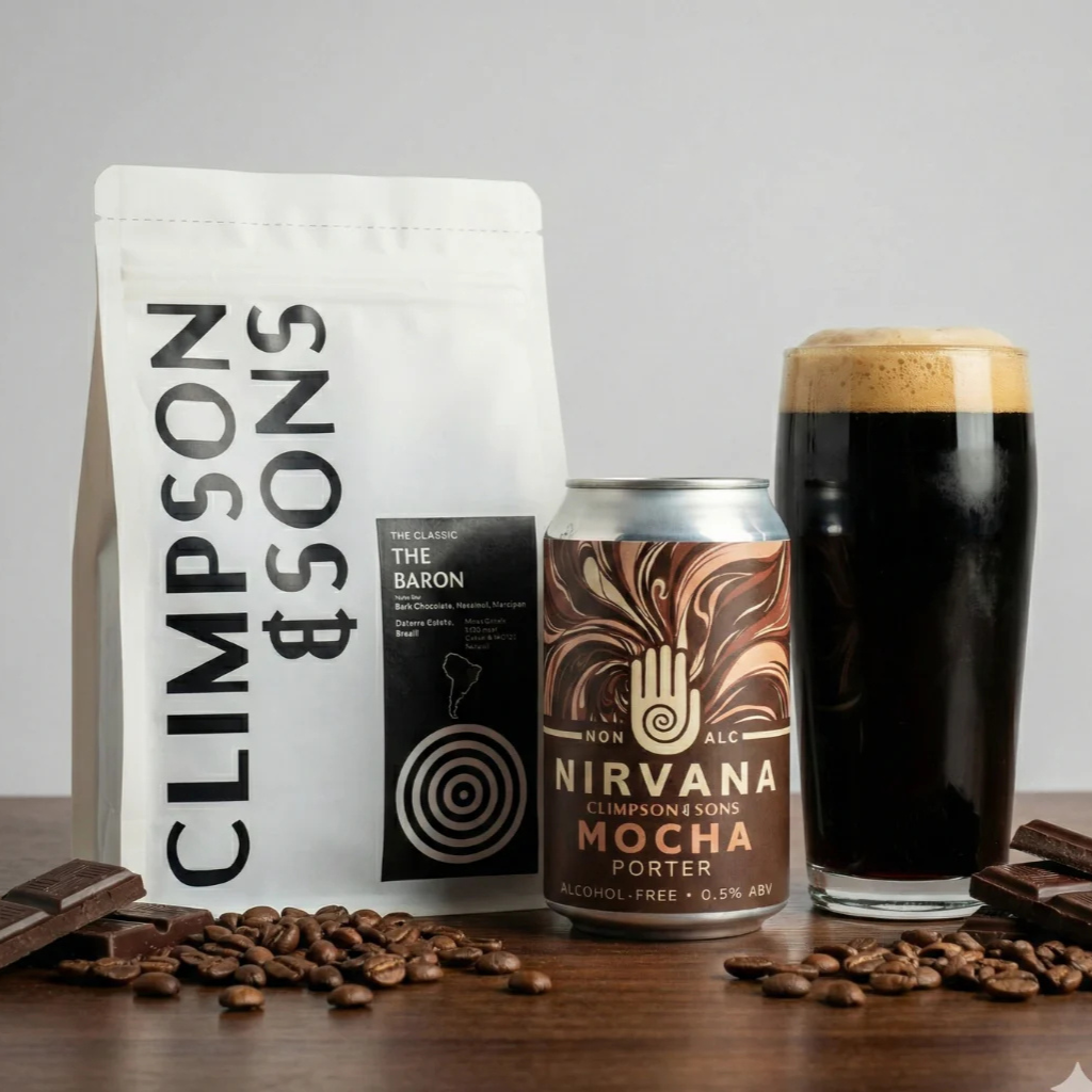 Nirvana Mocha Porter alcohol free coffee porter can and a poured glass with Climpson & Sons coffee beans