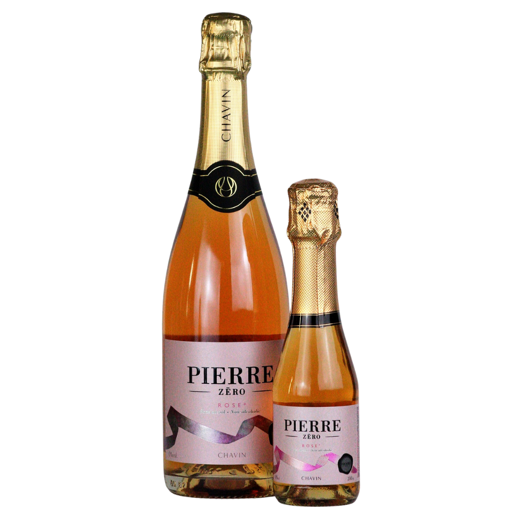 Pierre Zéro sparkling rosé 0.0% alcohol free in 75cl and 20cl bottles side by side