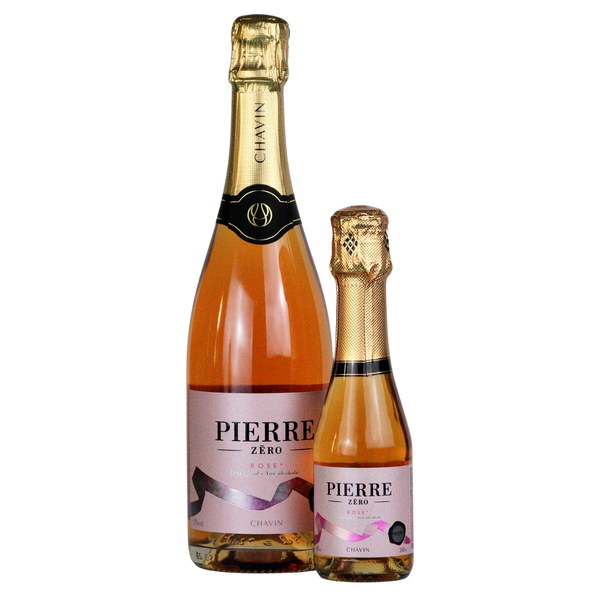 Pierre Zéro sparkling rosé 0.0% alcohol free in 75cl and 20cl bottles side by side