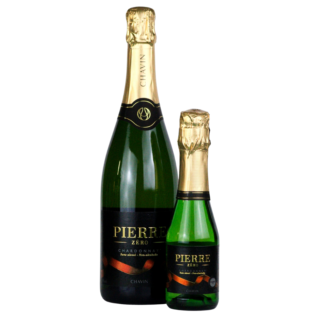 Pierre Zéro sparkling Chardonnay 0.0% alcohol free in 75cl and 20cl bottles side by side