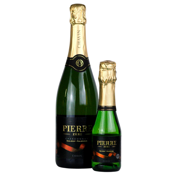 Pierre Zéro sparkling Chardonnay 0.0% alcohol free in 75cl and 20cl bottles side by side