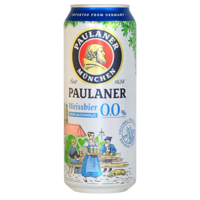 Paulaner Weissbier 0.0% alcohol free wheat beer in a 440ml can