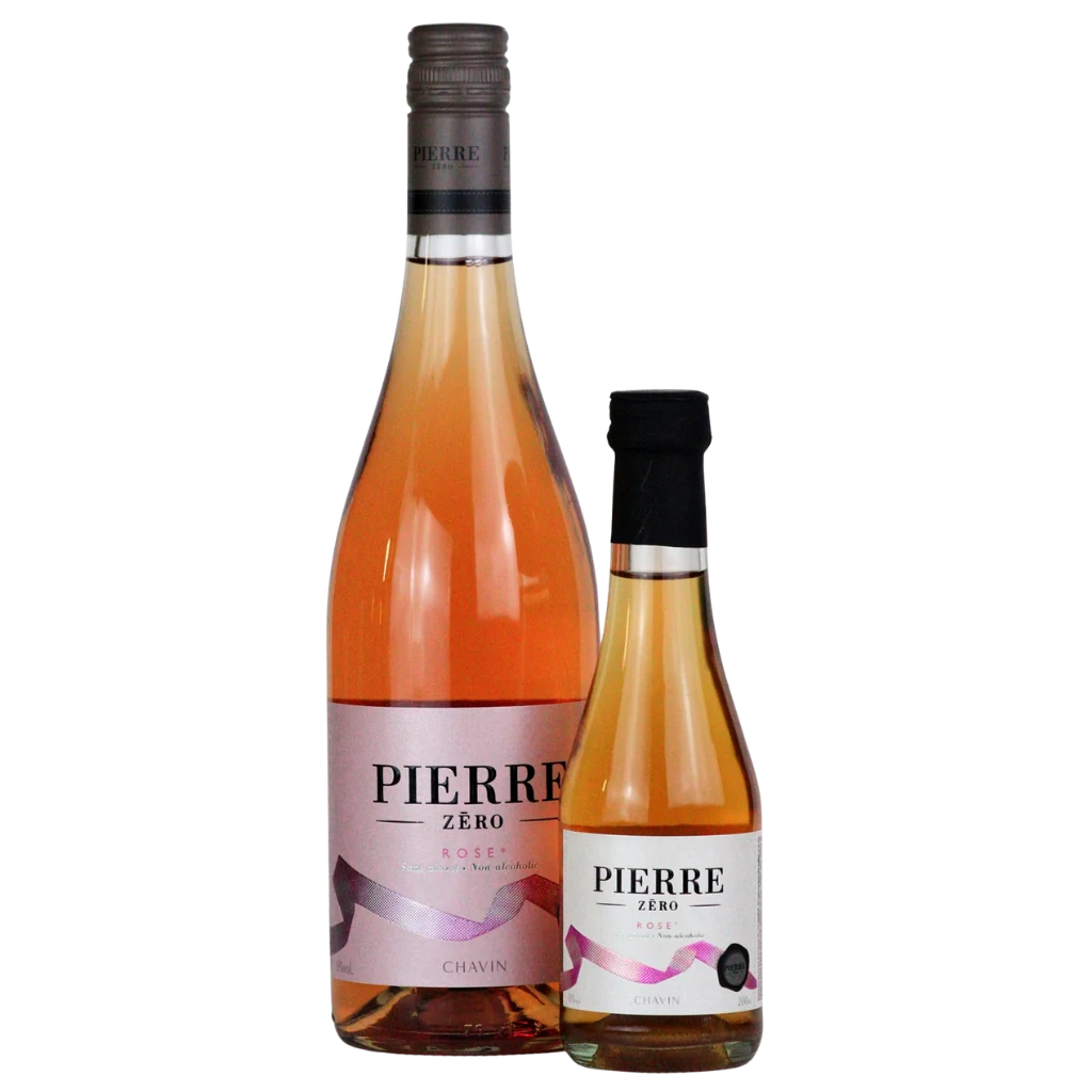 Pierre Zéro 0.0% alcohol free rosé wine in 75cl and 20cl bottles side by side