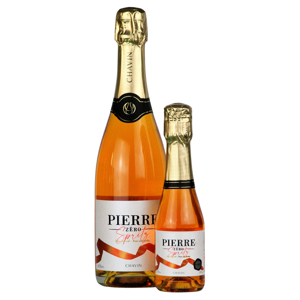 Pierre Zéro alcohol free sparkling spritz in 75cl and 20cl bottles side by side