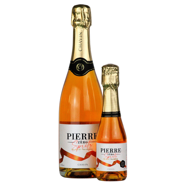 Pierre Zéro alcohol free sparkling spritz in 75cl and 20cl bottles side by side