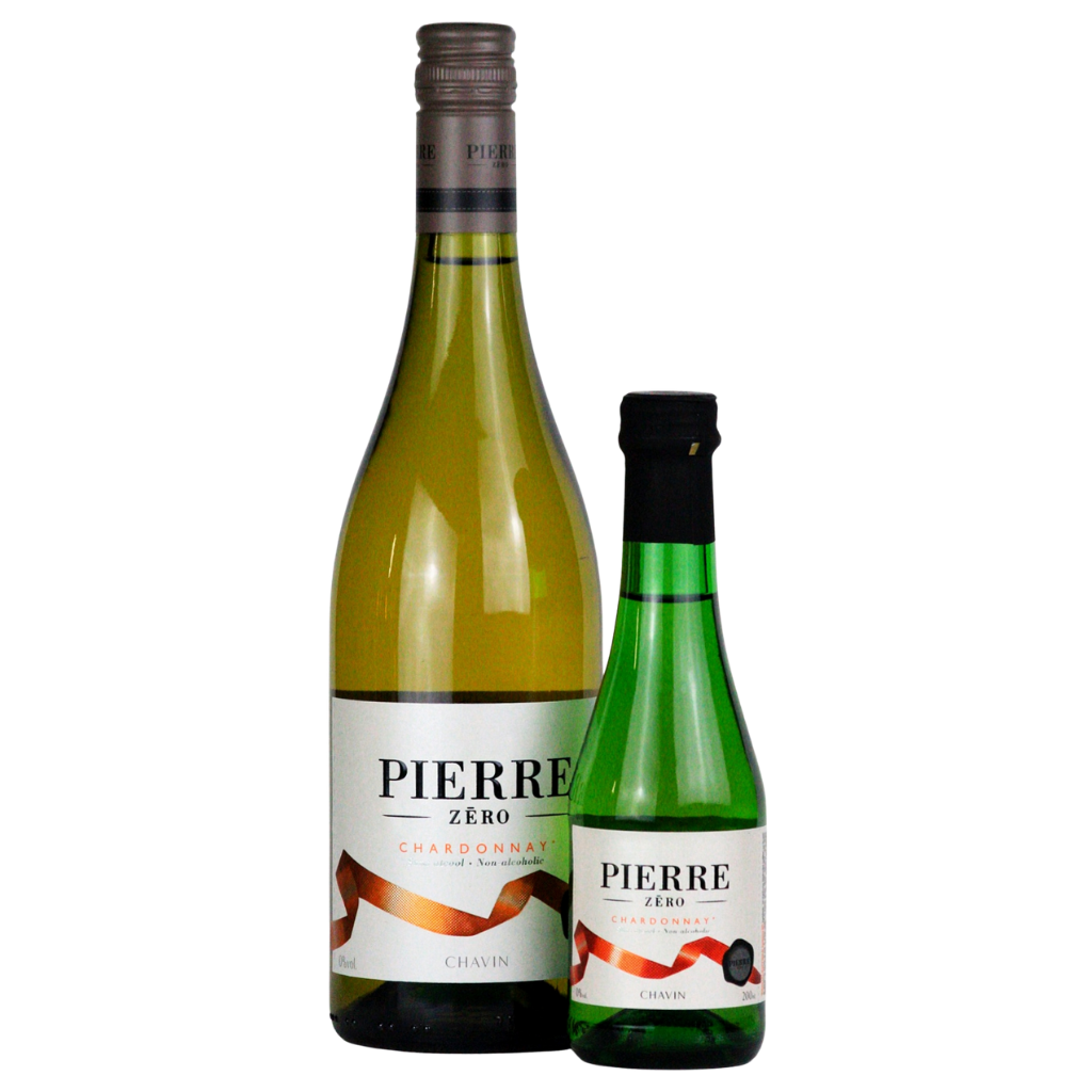 Pierre Zéro Chardonnay 0.0% alcohol free white wine in 75cl and 20cl bottles side by side