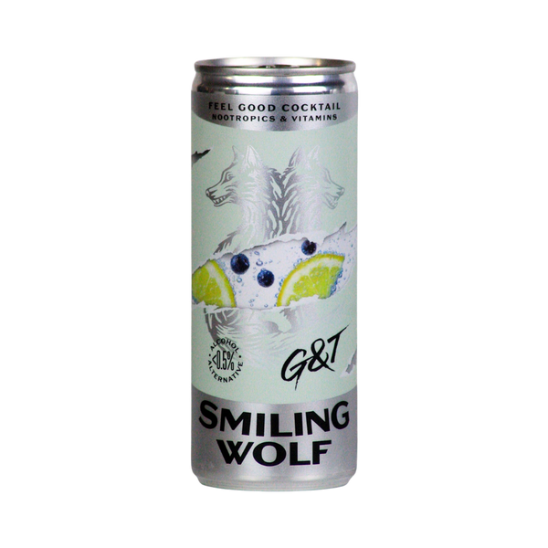 Smiling Wolf G&T alcohol free cocktail in a 250ml can