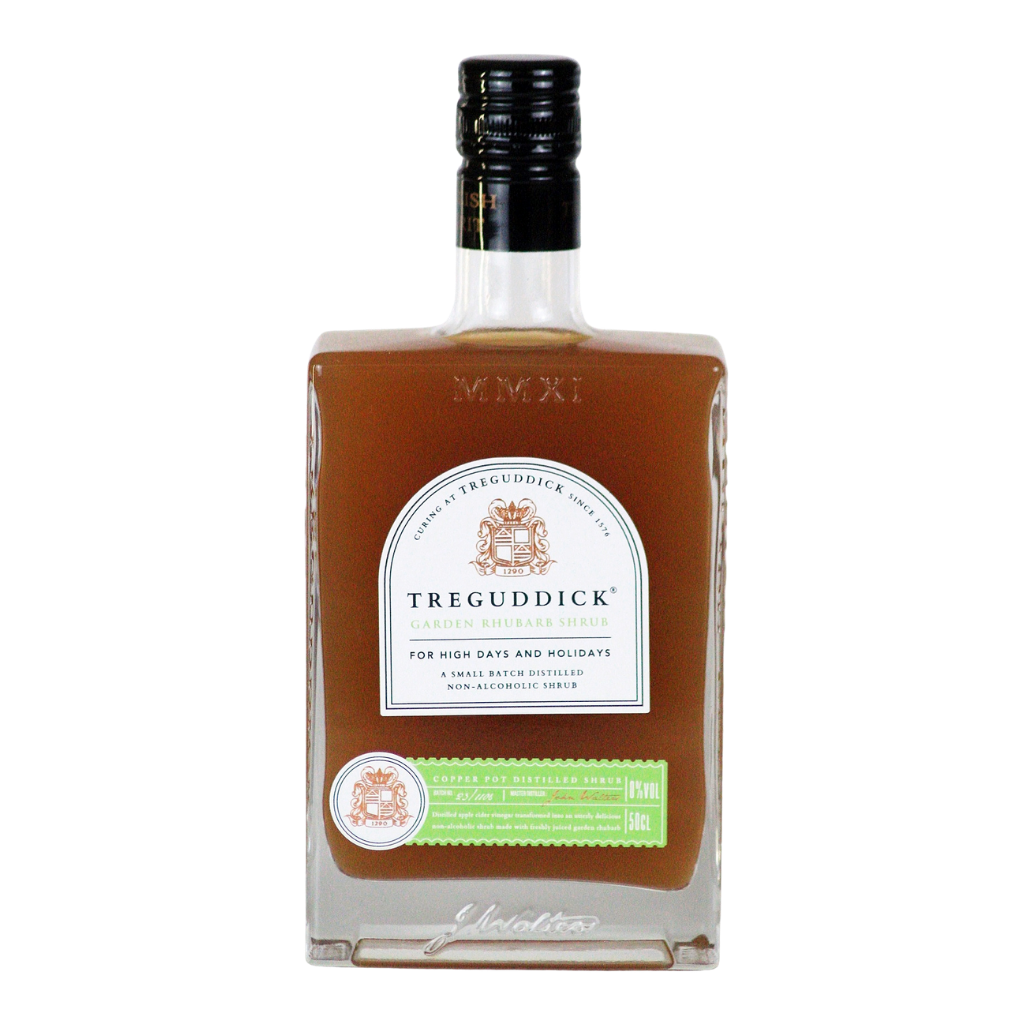 Treguddick Garden Rhubarb alcohol free shrub in a glass bottle
