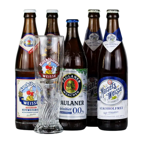 Alcohol free weissbier bundle of five wheat beer bottles, including Paulaner and Maisel's Weisse, with a wheat beer glass