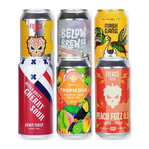 Mixed alcohol free fruit beer bundle, with cans such as Jump Ship Ocean Drift, Kirkstall Tropicous, Fierce Beer Peach Fuzz and Mash Gang Journey Juice