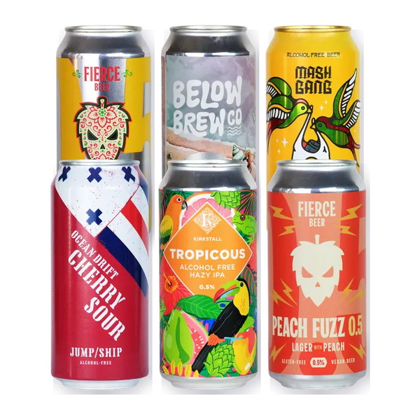 Mixed alcohol free fruit beer bundle, with cans such as Jump Ship Ocean Drift, Kirkstall Tropicous, Fierce Beer Peach Fuzz and Mash Gang Journey Juice