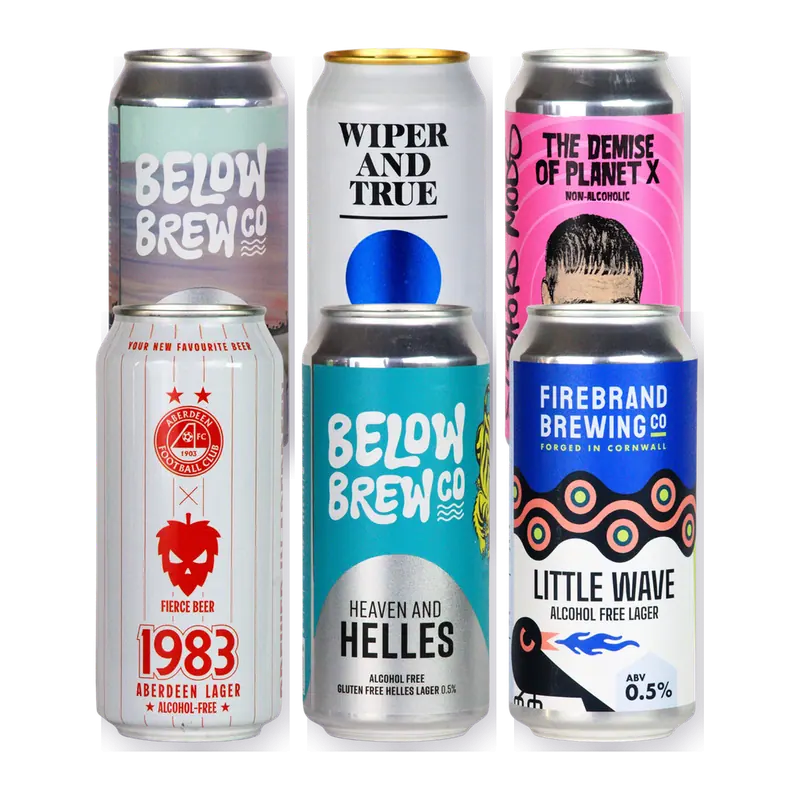 Mixed alcohol free lager bundle, with cans such as Fierce Beer 1983, Below Brew Heaven and Helles, Firebrand Little Wave and Wiper and True Tomorrow