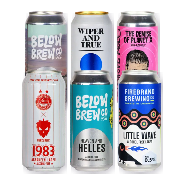 Mixed alcohol free lager bundle, with cans such as Fierce Beer 1983, Below Brew Heaven and Helles, Firebrand Little Wave and Wiper and True Tomorrow