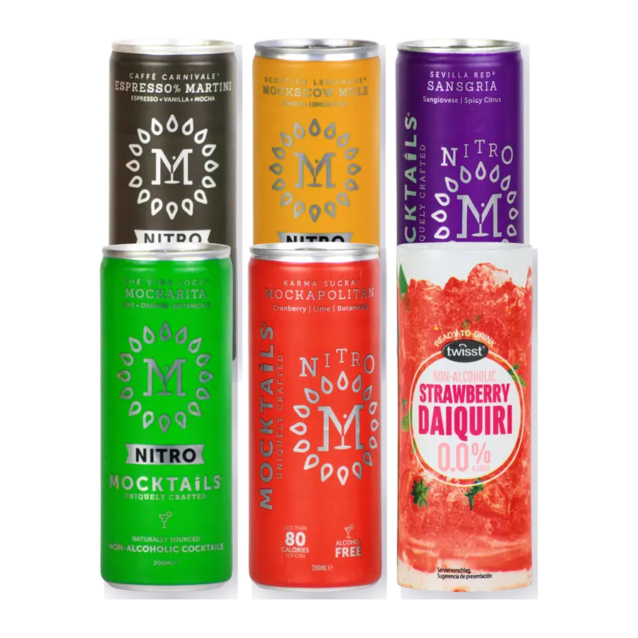 Mixed alcohol free mocktail bundle, with cans such as Mocktails Mockarita, Mockapolitan and Sansgria and a Twisst strawberry daiquiri