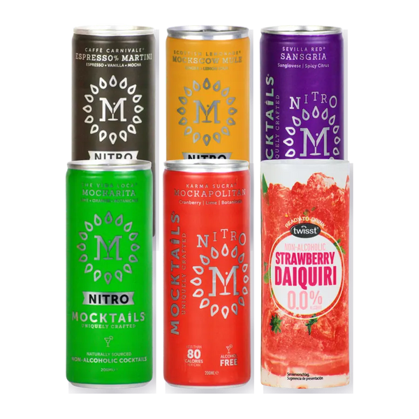 Mixed alcohol free mocktail bundle, with cans such as Mocktails Mockarita, Mockapolitan and Sansgria and a Twisst strawberry daiquiri