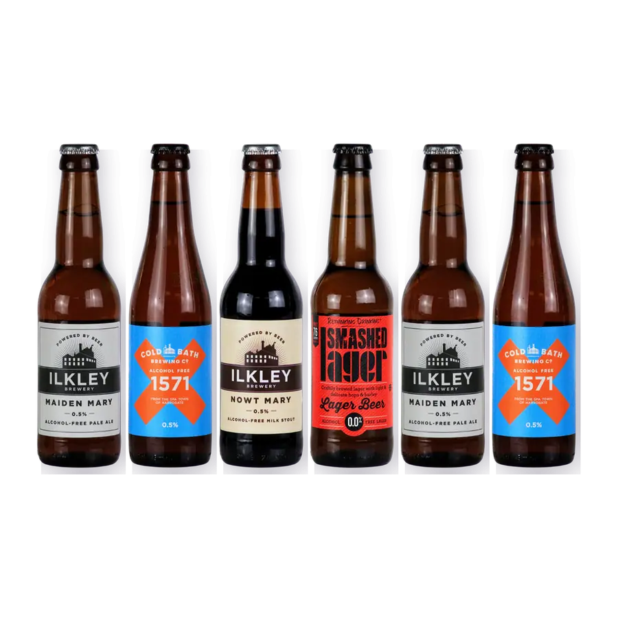 Yorkshire alcohol free beer bottles: Ilkley Maiden Mary and Nowt Mary, Cold Bath 1571 and Smashed lager