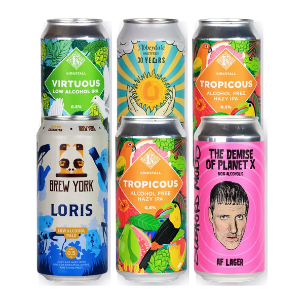 Yorkshire alcohol free beer cans: Kirkstall Virtuous and Tropicous, Abbeydale Reverence, Brew York Loris and Ilkley Brewery lager