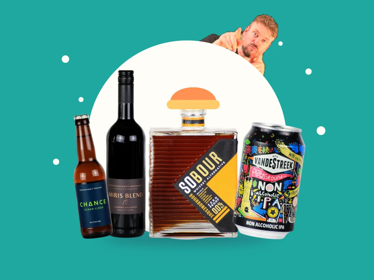 Dry January drinks: Chance cider, Miris Blend Cabernet Sauvignon, Sobour Bourbonesque in a woolly hat and vandeStreek Playground IPA, with Kev pointing