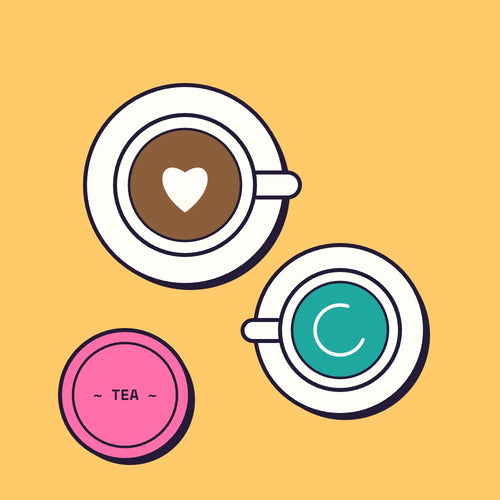 A flat white, a matcha and a tin of tea on the taproom counter, seen from above