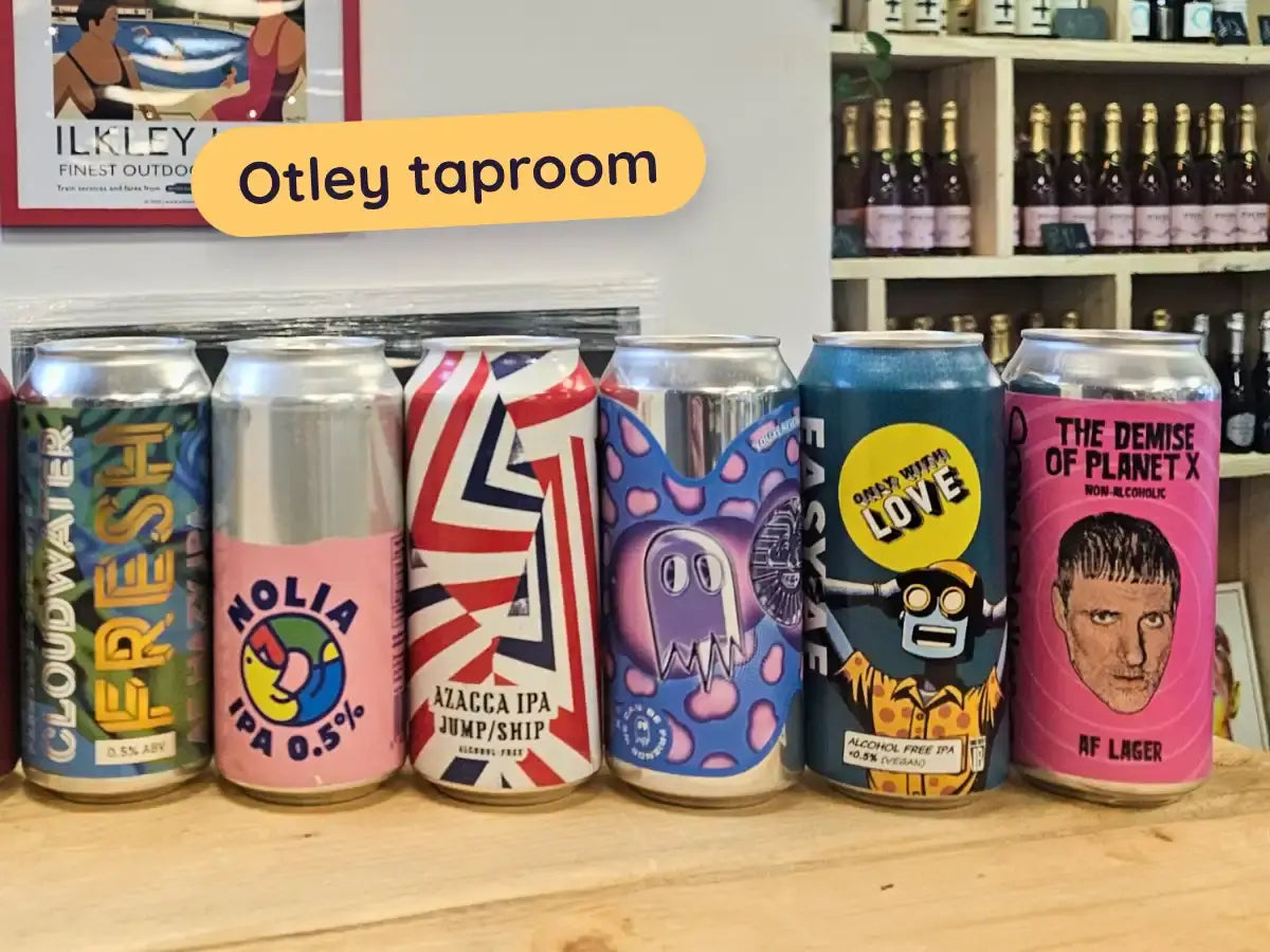 A line of alcohol free beers on the counter at the FDC taproom in Otley, including Cloudwater Fresh, Beak Nolia and Jump Ship Azacca IPA