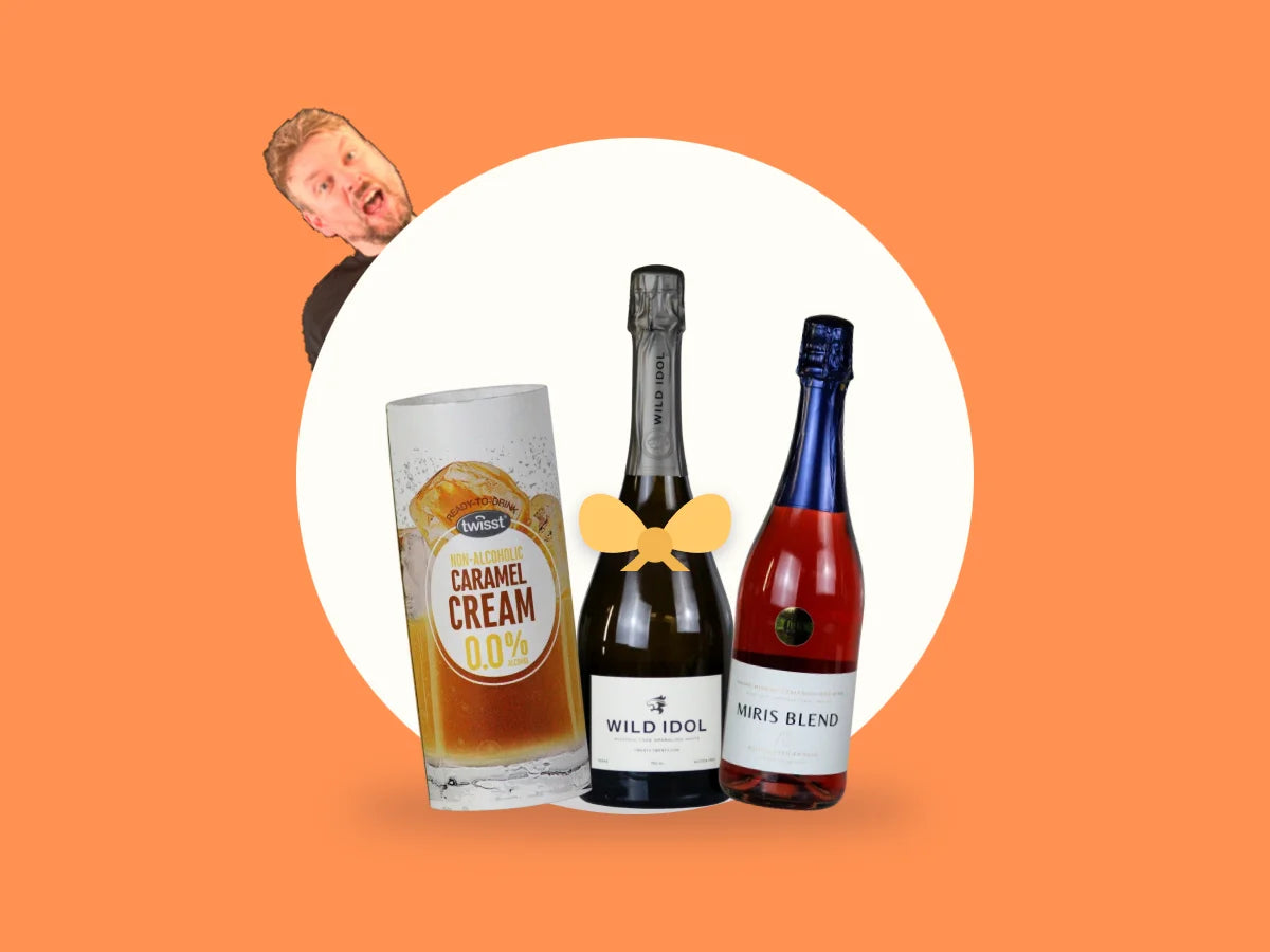 Alcohol free gifts for someone cutting down: Twisst Caramel Cream, Wild Idol sparkling white with a bow and Miris Blend sparkling rosé