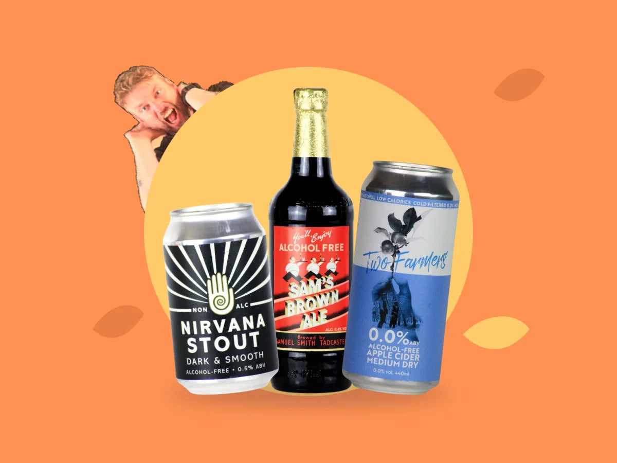 Sober October drinks on an autumn background: Nirvana Stout, Samuel Smith's alcohol free brown ale and Two Farmers cider, with Kev peeking in