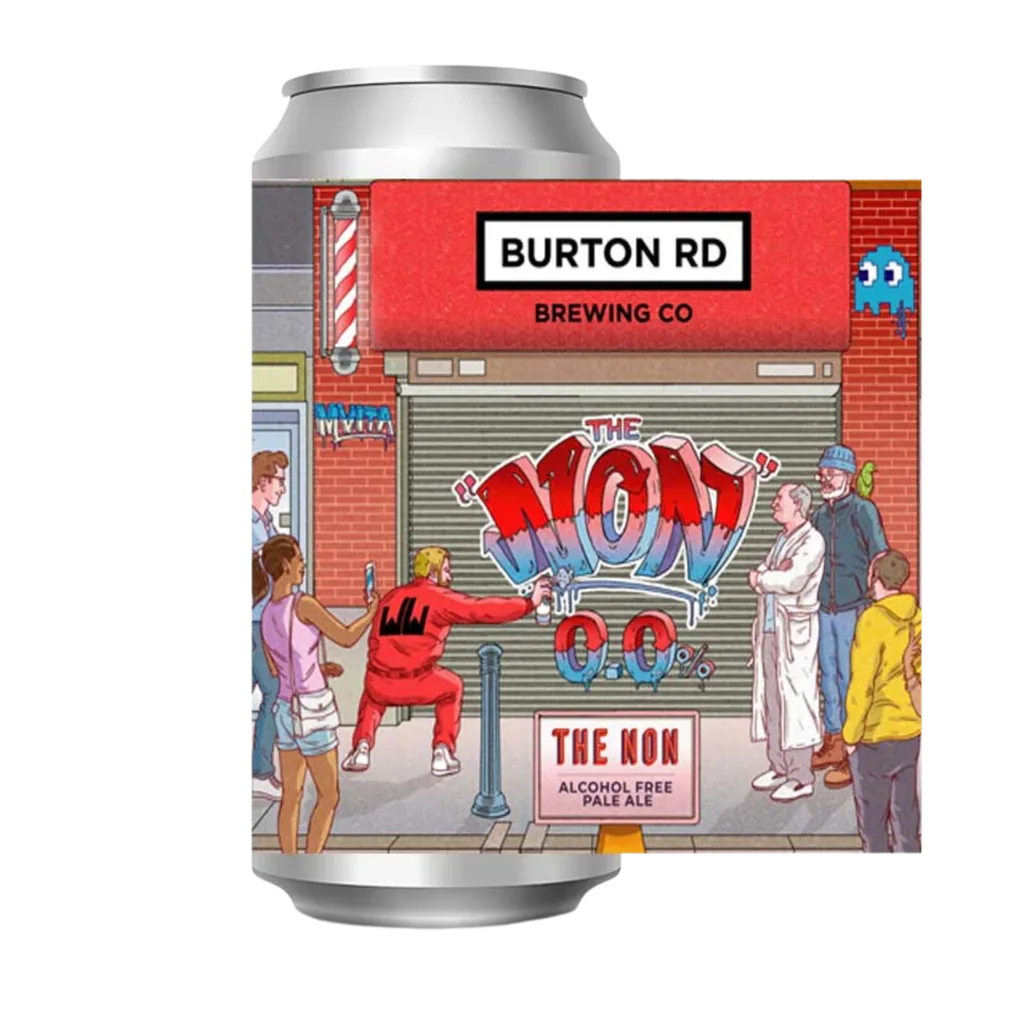 Burton Road The Non alcohol free pale ale can label artwork, a graffiti street scene