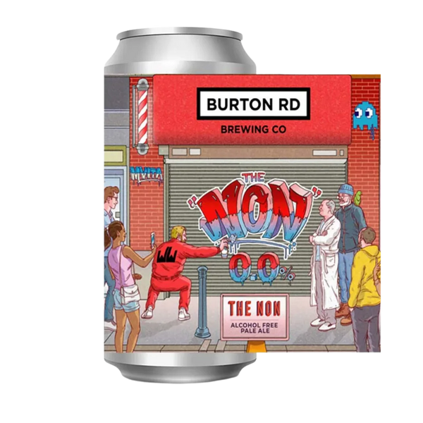 Burton Road The Non alcohol free pale ale can label artwork, a graffiti street scene